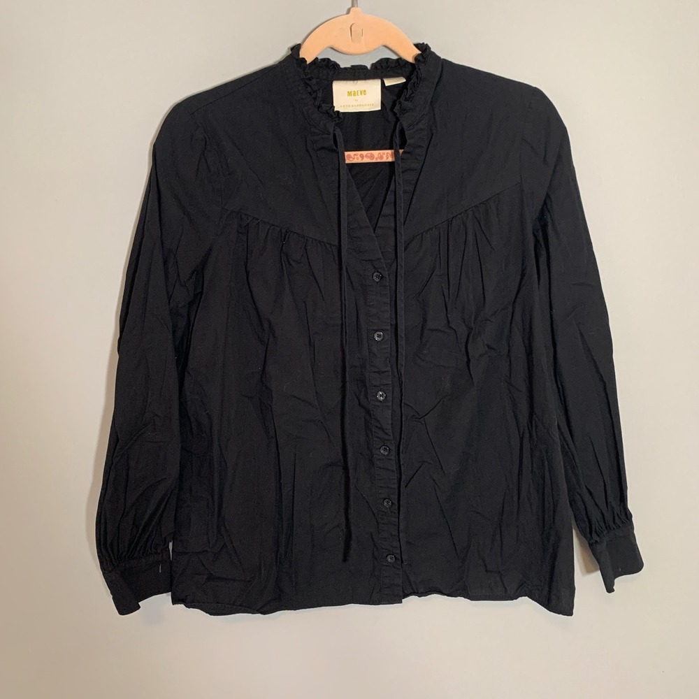 Maeve Anthropologie Black Ruffle Tie Neck Long Sleeve Button Up Blouse Womens M